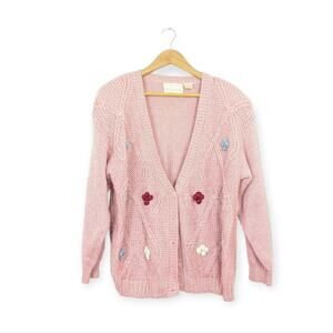 Vintage Huntington Ridge Pink V-Neck Button Front Hand Knit Cardigan